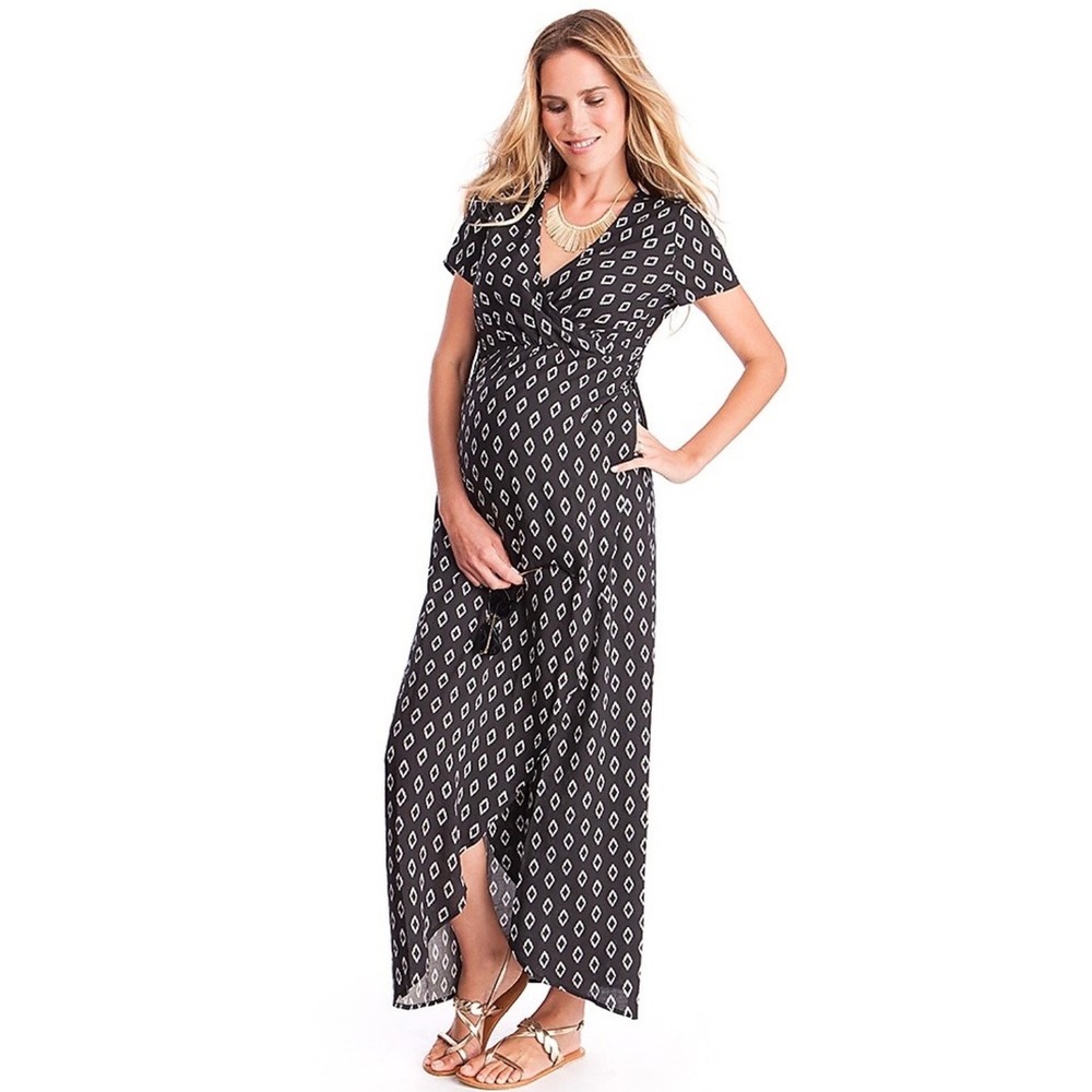 Seraphine Maternity Black Diamond Print Wrap Maxi Dress‎ Size 2